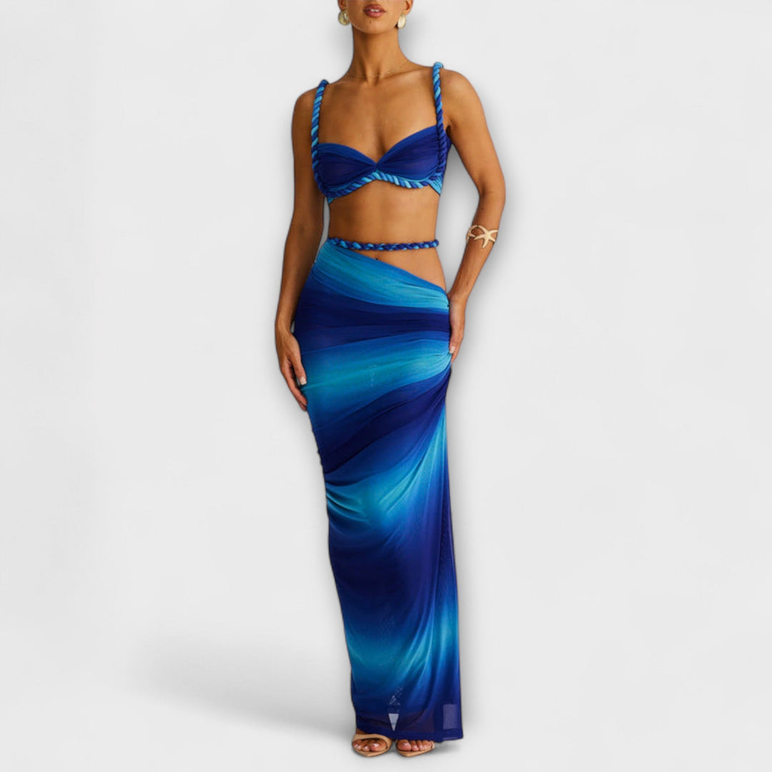 Jane - Tyylikäs gradientti Flet crop-top ja yllähelmainen setti