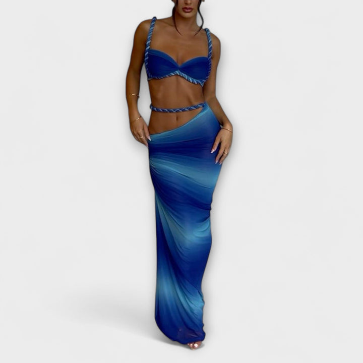 Jane - Tyylikäs gradientti Flet crop-top ja yllähelmainen setti