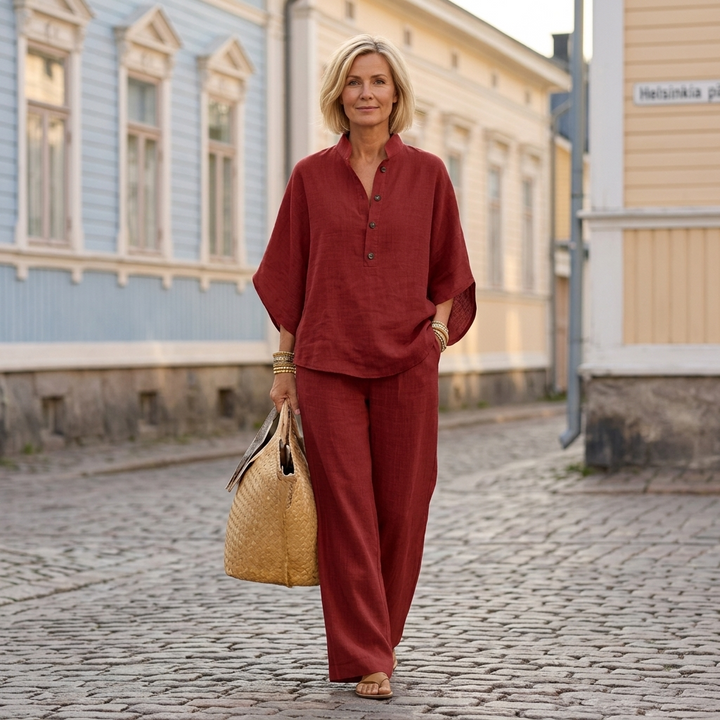 Mariel | Lino-puku, jossa on lepakkohihat ja leveät housut